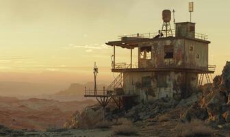 AI generated Abandoned house in the desert at sunset. photo