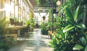 ai generado moderno oficina interior con mueble y plantas. borroso antecedentes foto