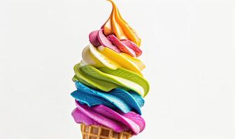 AI generated Rainbow-colored ice cream cone on white background photo