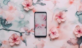 AI generated Smartphone mockup on watercolor floral patter photo