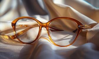 AI generated Eyeglasses on a white silk background. Selective focus. photo