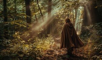 ai generado misterioso mujer en un oscuro bosque con un encapuchado capa foto