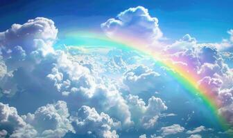 AI generated Rainbow in the blue sky with clouds and rainbow. photo