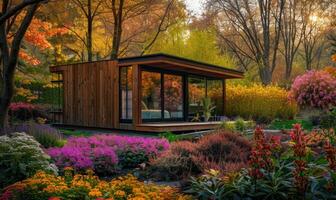 ai generado crepúsculo fundición un calentar resplandor en el exterior de un moderno de madera cabina en medio de el vibrante colores de un primavera jardín muy lleno con flores y follaje foto