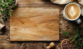 AI generated Wooden cutting board with cup of coffee on table, top view photo