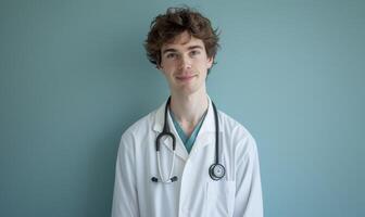 AI generated Portrait of young male doctor with stethoscope on white background photo