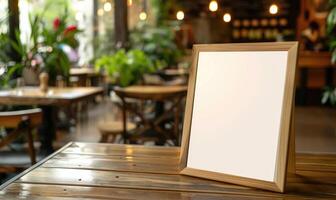 AI generated Blank frame on wooden table in cafe. Mockup for design photo