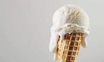 AI generated Melting ice cream cone on white background photo