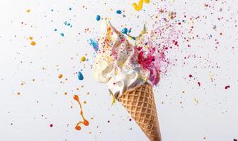 AI generated Ice cream cone explosion on white background photo