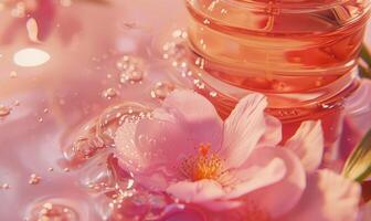 AI generated Cherry blossoms and natural cosmetic in glass jar on water surface photo