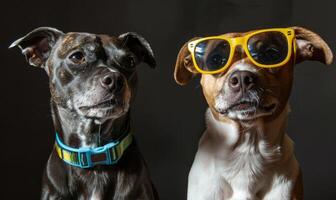 ai generado grupo de perros con Gafas de sol en un negro antecedentes. de cerca. foto