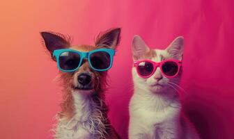 AI generated Cute cat and dog wearing sunglasses on pink background with copy space photo