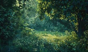 AI generated Sunlight in the green forest. Natural background. Toned. photo