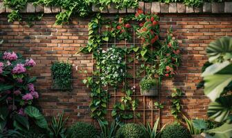 AI generated Beautiful orange roses in the garden on brick wall background with copy space photo