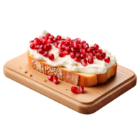 AI generated close-up of halved pomegranate next to its seeds on bruschetta isolated on transparent background png