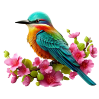 ai gegenereerd mooi kleurrijk vogel zittend Aan bloem Afdeling geïsoleerd Aan transparant achtergrond png