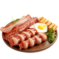 ai généré une assiette de petit déjeuner nourriture comprenant œufs, saucisse, bacon, et pain grillé isolé sur transparent Contexte png