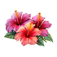 ai généré rose hibiscus fleur avec vert feuilles png