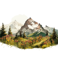 ai gegenereerd een tekening van een berg met een vallei en bloemen in de voorgrond png