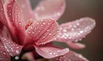 AI generated Magnolia blossom close-up with dewdrops glistening on the petals photo