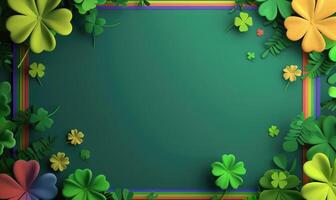 AI generated St. Patrick's Day background with clover leaves. Space for text. Card template. photo