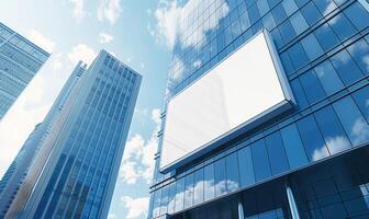 AI generated Blank screen banner mockup displayed on the modern building facade. Close Up view. photo