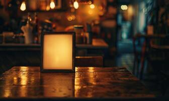 AI generated Blank frame on wooden table in cafe. Mockup for design photo