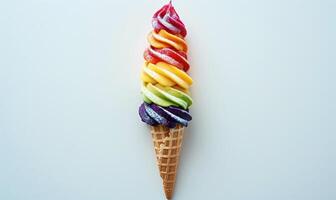 AI generated Rainbow-colored ice cream cone on white background photo