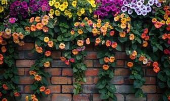 AI generated Colorful flowers in the garden with brick wall background, stock photo