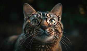 ai generado retrato de un linda gato con lentes en un oscuro antecedentes. foto