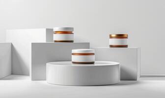 AI generated Mockup, abstract minimal geometric forms, podiums for cosmetic product presentation, clean design photo