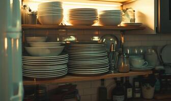 AI generated Dishware in a shelf in a restaurant, closeup of photo