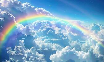 AI generated Rainbow in the blue sky with clouds and rainbow. photo