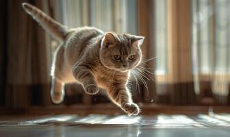 ai generado hermosa británico cabello corto gato saltando en piso a hogar foto
