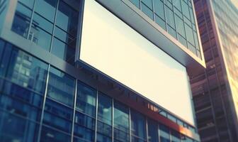 AI generated Blank screen banner mockup displayed on the modern building facade. Close Up view. photo