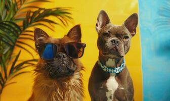 AI generated Cute dogs with sunglasses on yellow background, closeup. Summer vacation photo