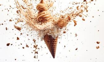 AI generated Ice cream cone explosion on white background photo