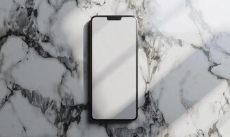 AI generated Smartphone mockup with a blank screen on a sleek marble background photo