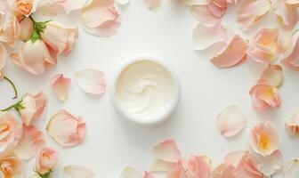 AI generated Blank creme jar mockup encircled by pastel flower petals on a white background, top view photo