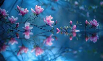 AI generated Magnolia blossoms reflected in the still waters of a tranquil pond. Magnolia blossoms touch water surface photo