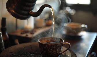 AI generated Pouring hot coffee into cup on table in cafe, closeup photo