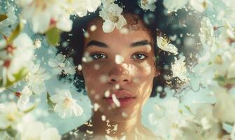 AI generated young woman in a spring flowers wreath, surrounded by floating petals or blossoms. photo