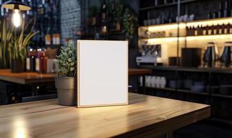 AI generated Blank menu board on table in coffee shop cafe. Blurred background photo