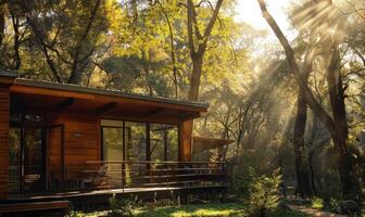 AI generated Sunlight filtering through lush foliage onto the exterior of a modern wooden cabin in a tranquil spring garden photo