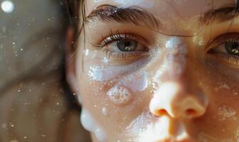 ai generado de cerca retrato de un hermosa joven mujer con agua en rostro. piel cuidado foto