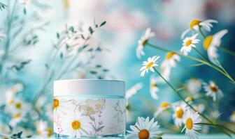 AI generated Cosmetic jar blank mockup placed on a serene watercolor chamomile background photo