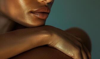 AI generated Closeup of wet female hands with wet skin on dark green background photo