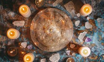 AI generated Ancient astrological sign of Zodiac and burning candles on a dark marble background photo