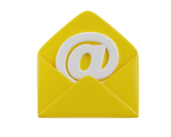 Email icon on yellow envelope with at the rate sign 3d render png