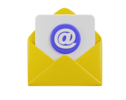 Email icon on yellow envelope with at the rate sign 3d render png